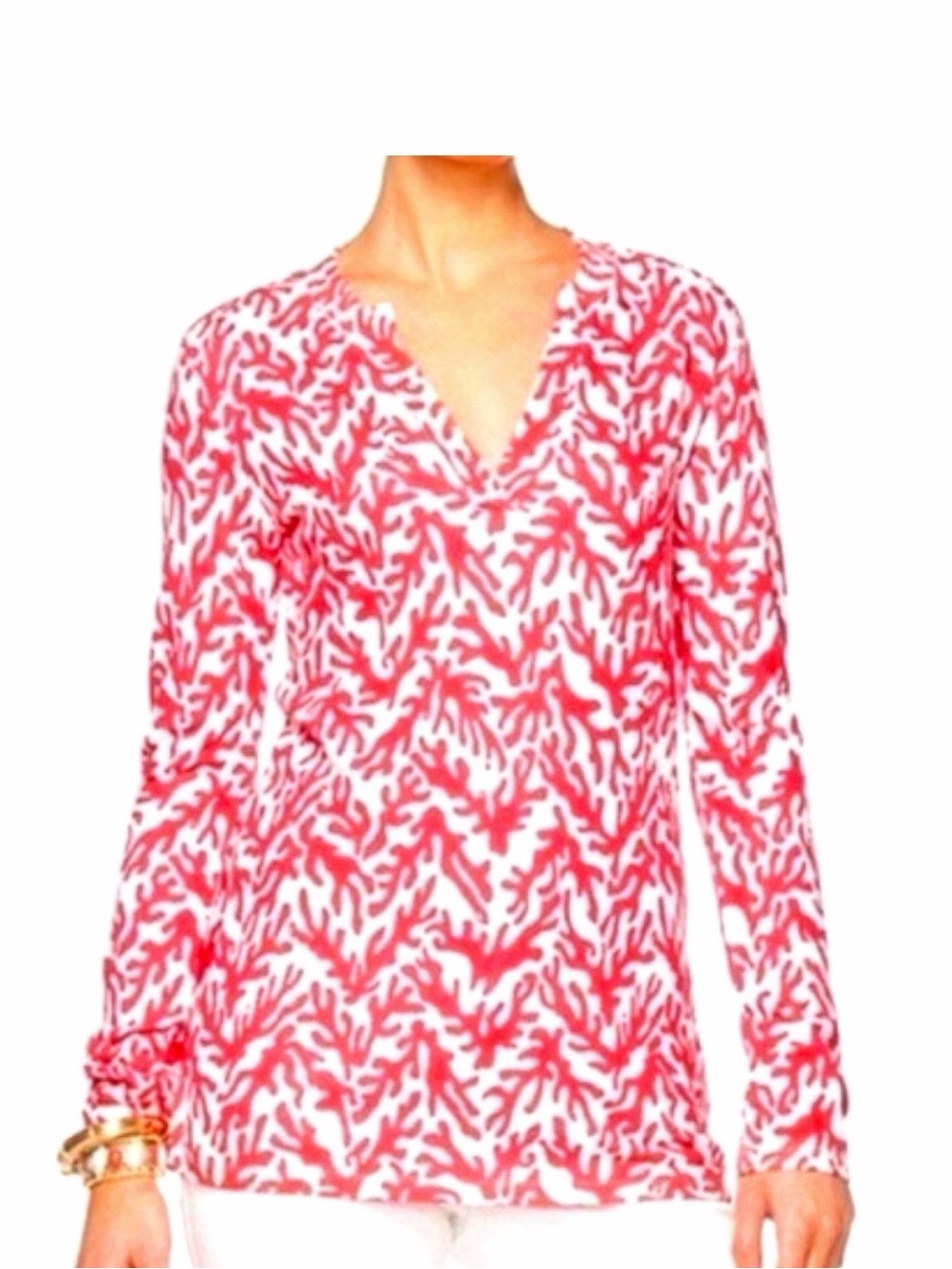 Lilly Pulitzer Coral Print V- neck Tunic Top - Red & White medium EUC